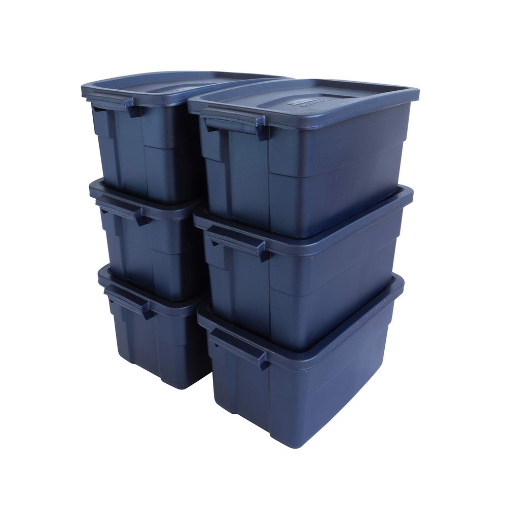 Rubbermaid Roughneck Tote 3 Gal, 6 Pack, Made in USA, Dark Indigo Metallic, Rugged Plastic Stackable Storage Bins with Lids and Handles