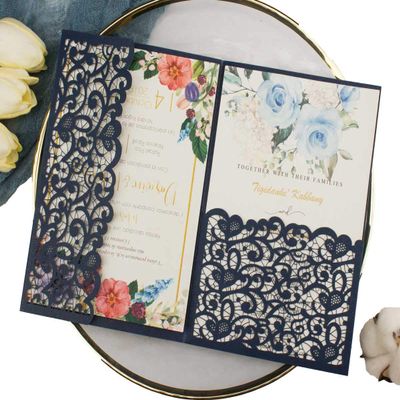25 sets 5X7 Dark Navy Blue Tri Fold Wedding Invitations Cards With Envelopes Inserts for Bridal Shower Birthday