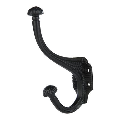 A29 Set of 4 Heavy Duty Wall Mounted 6 inch Double Coat Hooks in Black Powder Coat Finish Utility Solid Brass Decorative Hooks with Easy Installation Hardware