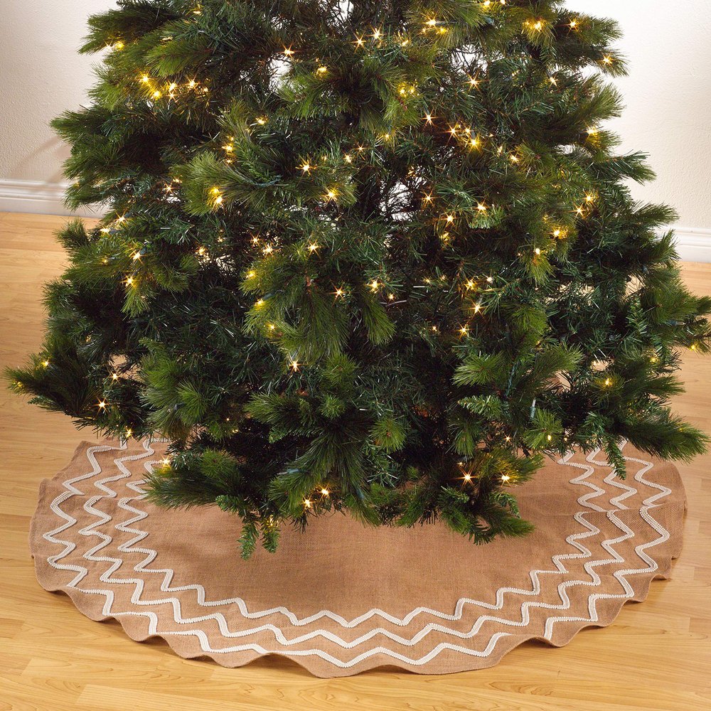 Natural Beaded Design Burlap Christmas Tree Skirt, 100% Jute 53" Round