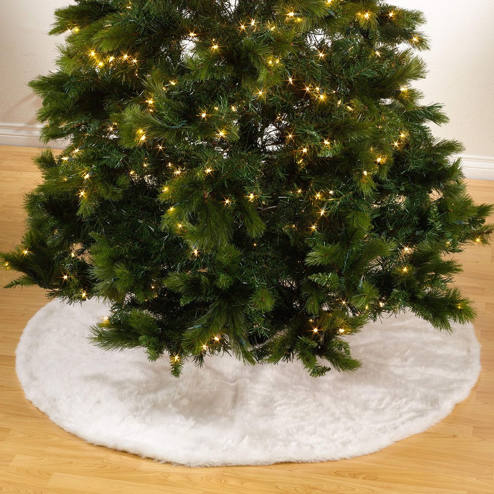 White Faux Fur Christmas Tree Skirt Design, 100% Polyester 56" Round