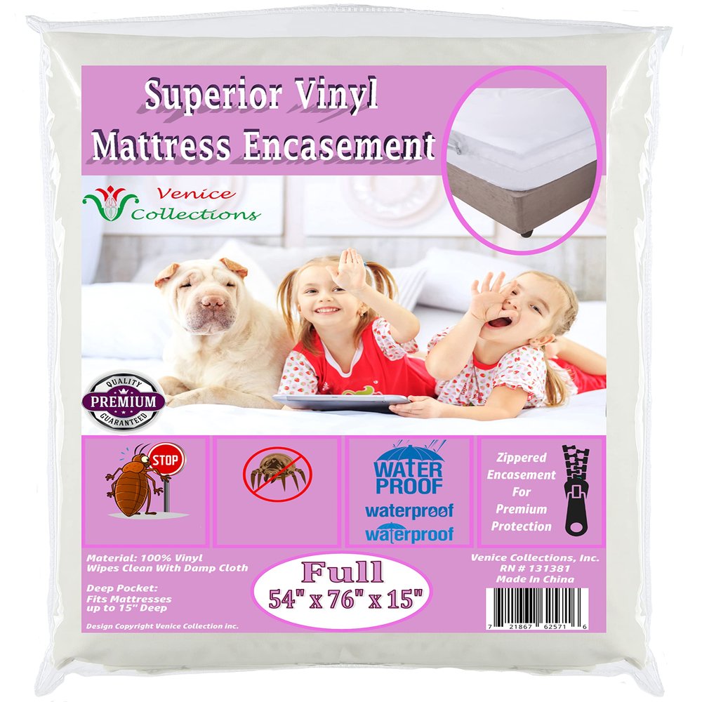 Superior Extra Heavy 8 Gauge Vinyl Mattress Protector Zippered Encasement Cover 100% Waterproof Full White