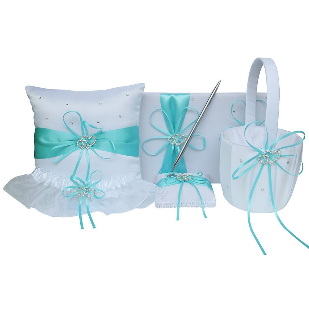 5pcs Wedding Sets Flower Girl Basket + Ring Bearer Pillow + Guest Book with Pen + Pen Set Holder + Bride Garter with 2 Rhinestone Hearts for Rustic Bridal Wedding Shower Ceremony, Aqua Blue