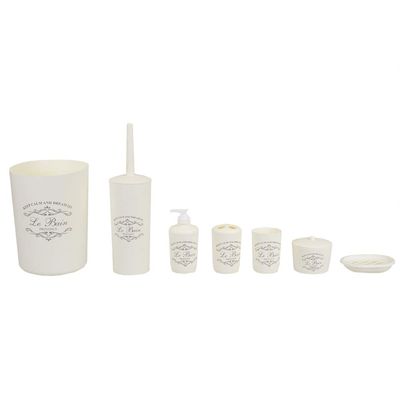 7-Piece Paris Bathroom Set (Beige), By Home Basics | Made From Plastic | Includes Tumbler, Toothbrush Holder, Soap Dish, Lotion Dispenser, Cotton Ball Holder, Toilet Brush Holder, and Wastebasket