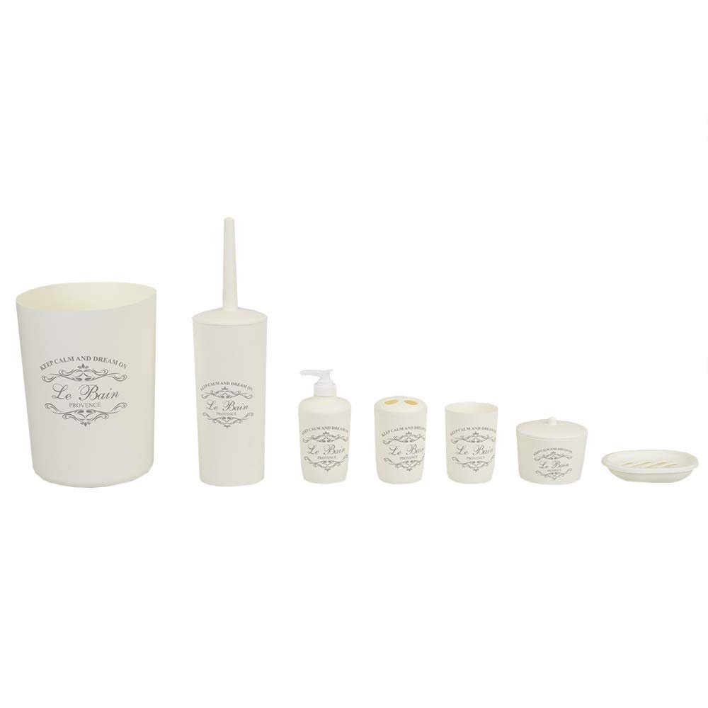 7-Piece Paris Bathroom Set (Beige), By Home Basics | Made From Plastic | Includes Tumbler, Toothbrush Holder, Soap Dish, Lotion Dispenser, Cotton Ball Holder, Toilet Brush Holder, and Wastebasket