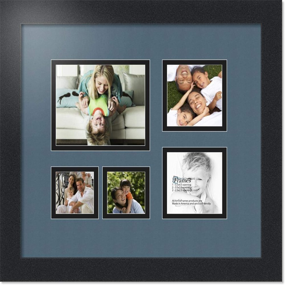 ArtToFrames Collage Photo Frame Double Mat with 1-4.5x5.5 and 2-2.5x2.5, 3.5x3.5 Openings with Satin Black Frame and Dutch Blue mat.