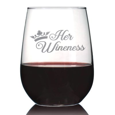 Bevvee Her Wineness  Funny Stemless Wine Glass, Large 17 Ounces, Etched Sayings, Gift Box