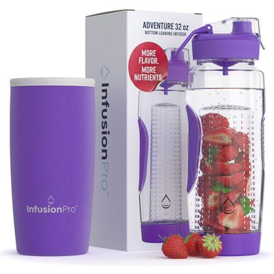 Infusion Pro 32 oz Fruit Infuser Water Bottle with Insulated Sleeve & 50 Recipe Fruit Infusion Water eBook : Bottom Loading, Large Water Infuser for More Flavor : Unique Gift Idea for Women