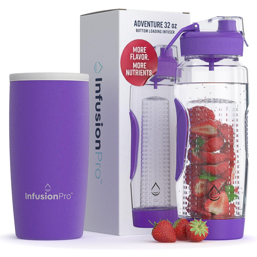 Infusion Pro 32 oz Fruit Infuser Water Bottle with Insulated Sleeve & 50 Recipe Fruit Infusion Water eBook : Bottom Loading, Large Water Infuser for More Flavor : Unique Gift Idea for Women