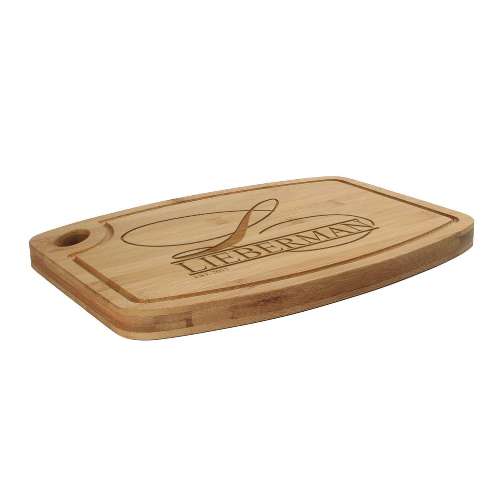 BambooMN Custom Laser Engraved Bamboo Cutting Board - Family Name Script Style 3-1 Piece - 11.75" x 8.63" x 0.4" (Grooved w/hole)