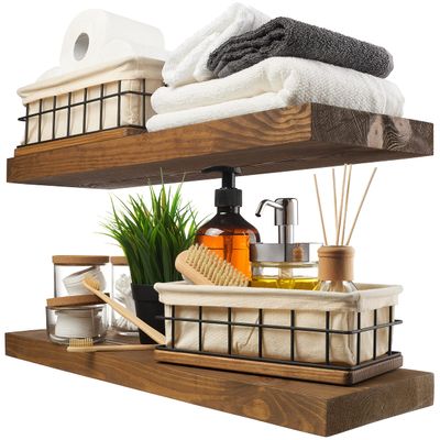 BAOBAB WORKSHOP Wood Floating Shelves, Bathroom Shelf 24 inch, Walnut Floating Shelf for Wall Mounted, Solid Wooden Wall Shelves for Bedroom Kitchen, Walnut Finish, 24 x 6.7, Set of 2