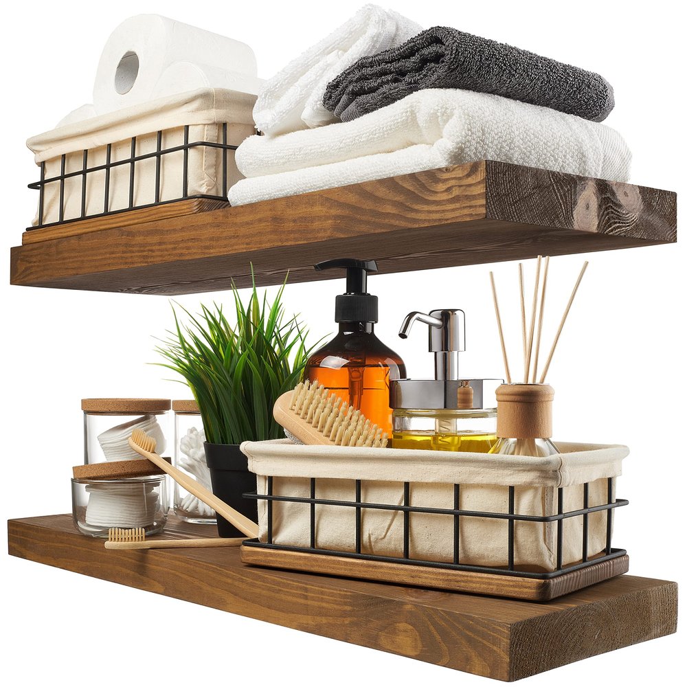 BAOBAB WORKSHOP Wood Floating Shelves, Bathroom Shelf 24 inch, Walnut Floating Shelf for Wall Mounted, Solid Wooden Wall Shelves for Bedroom Kitchen, Walnut Finish, 24 x 6.7, Set of 2