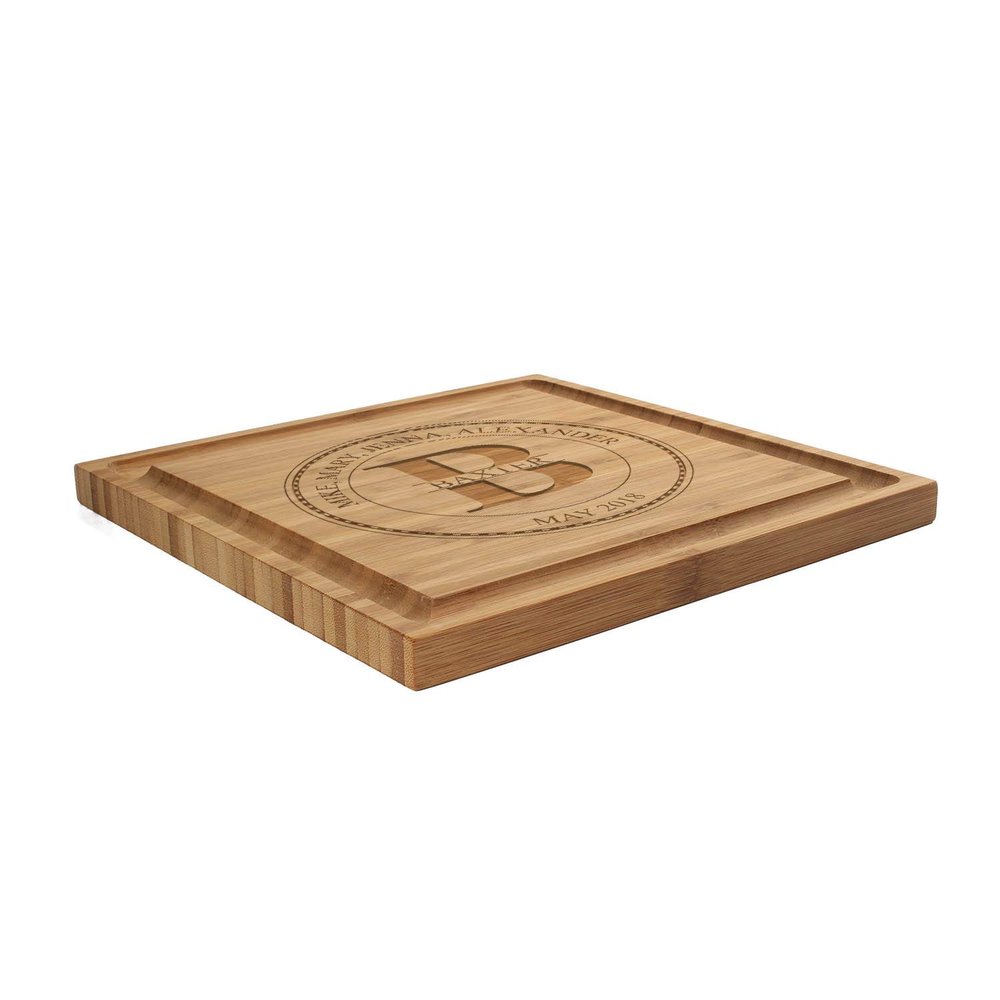 BambooMN Custom Laser Engraved Bamboo Cutting Board - Family Name Circle 2-1 Piece - 11" x 11" x 0.75" (Grooved)