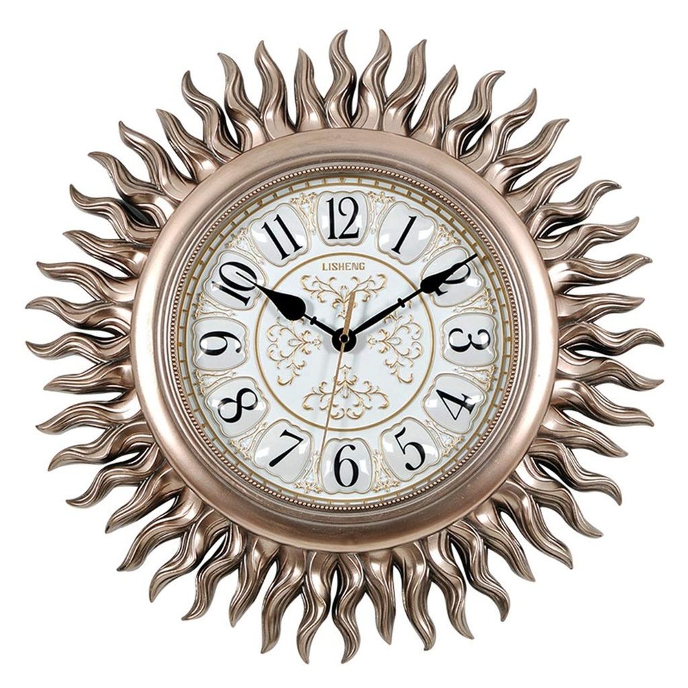 American Style Wall Clocks Creative European Style Retro Clocks Cafe Hotel Bar Office Kitchen Living Room Sun Shape Art Silent Wall-Mounted Clock - Diameter 48cm (Color : Light Gold)