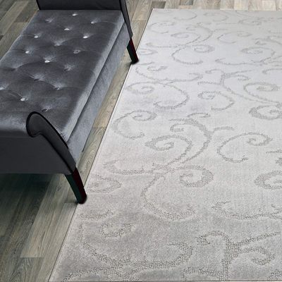15 Ft Long Non-Slip Washable Carpet Runner Rug with Rubber Backing (26" X 15'), Custom Floor Mat for Kitchen Hallway Stairs Bedroom Bathroom Entry, Scroll Light Silver, Your Choice of Length