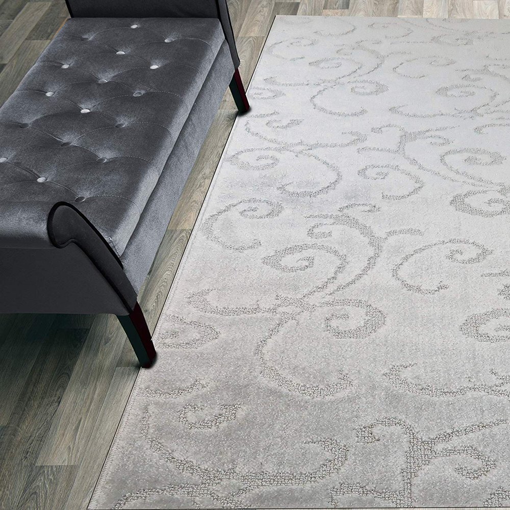 15 Ft Long Non-Slip Washable Carpet Runner Rug with Rubber Backing (26" X 15'), Custom Floor Mat for Kitchen Hallway Stairs Bedroom Bathroom Entry, Scroll Light Silver, Your Choice of Length