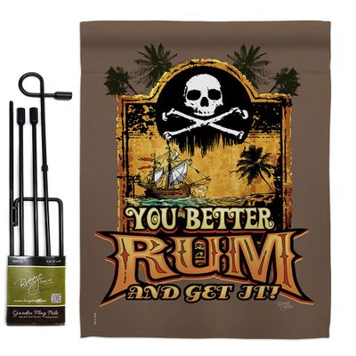 You Better Rum Get It Garden Flag Set with Stand Coastal Pirate Ship Skull Treasure Map Carribean Jolly Blackbeard Jack Small Decorative Gift Yard House Banner Double-Sided Made In USA 13 X 18.5