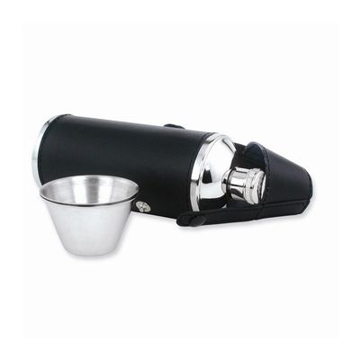 FB JEWELS Solid Black Leather Stainless Steel Two Cups and 8Oz Flask
