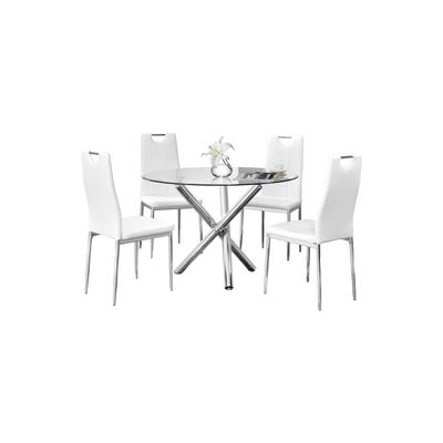 Trevi 5-Piece Round Glass Top Modern Dining Set with 4 Armless Faux Leather Chairs with Padded Cushions and Chrome Legs, Contemporary Dining Table for Kitchen, Dining Room, or Breakfast Nook, (White)