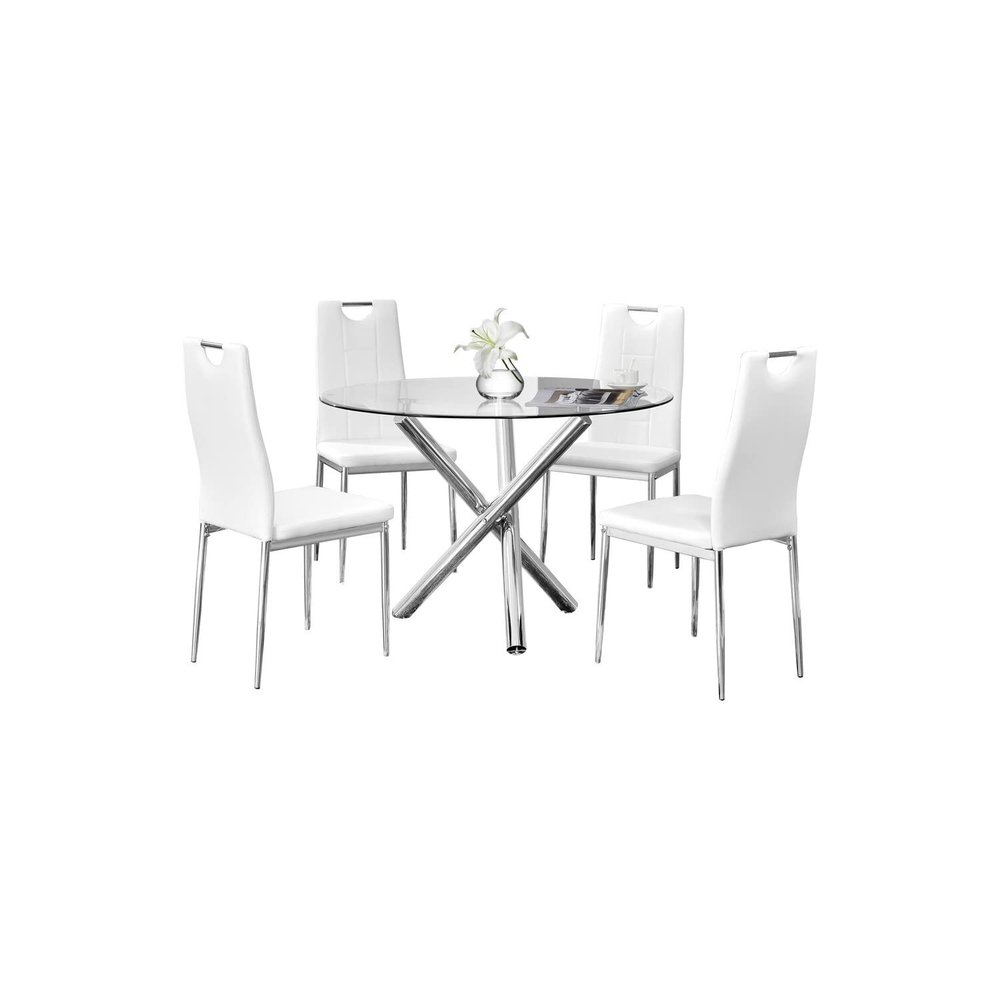 Trevi 5-Piece Round Glass Top Modern Dining Set with 4 Armless Faux Leather Chairs with Padded Cushions and Chrome Legs, Contemporary Dining Table for Kitchen, Dining Room, or Breakfast Nook, (White)