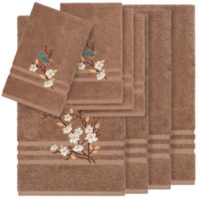 Authentic Hotel and Spa Turkish Cotton Blue Bird Embroidered Latte Brown 8-Piece Towel Set