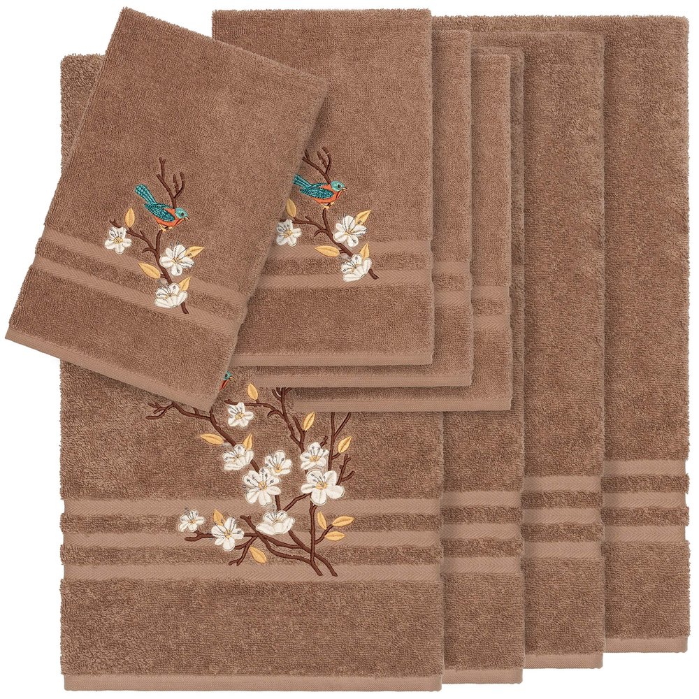 Authentic Hotel and Spa Turkish Cotton Blue Bird Embroidered Latte Brown 8-Piece Towel Set