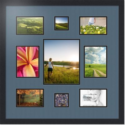 ArtToFrames Collage Photo Frame Double Mat with 1-8x10 and 2-5x7, 3x3 and 4-4x6 Openings with Satin Black Frame and Dutch Blue mat.