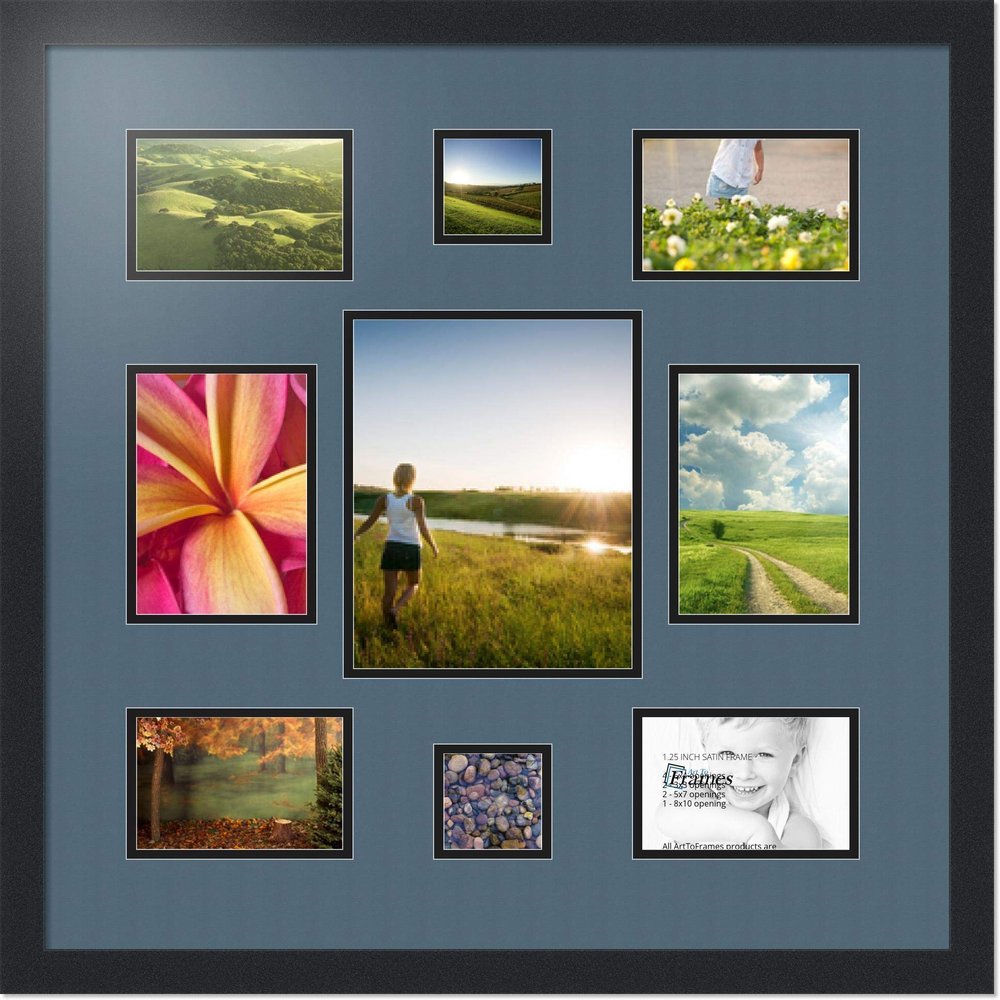 ArtToFrames Collage Photo Frame Double Mat with 1-8x10 and 2-5x7, 3x3 and 4-4x6 Openings with Satin Black Frame and Dutch Blue mat.