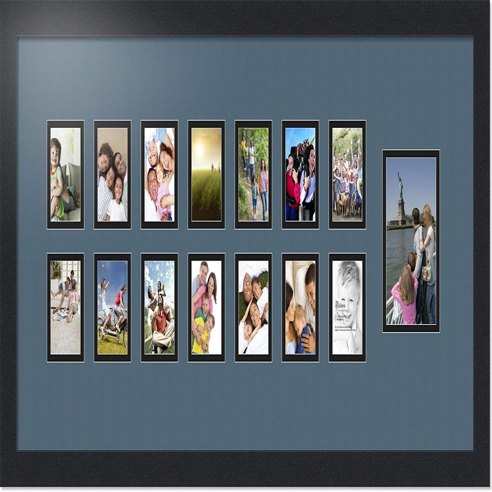 ArtToFrames Collage Photo Frame Double Mat with 1-4x6 and 14-2.5x3.5 Openings with Satin Black Frame and Dutch Blue mat.