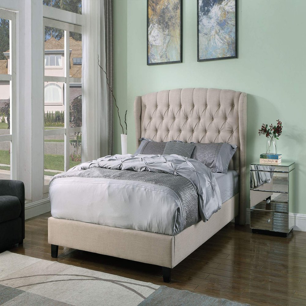 Best Master Furniture Yvette Upholstered Tufted with Wingback Platform Bed Queen, Beige