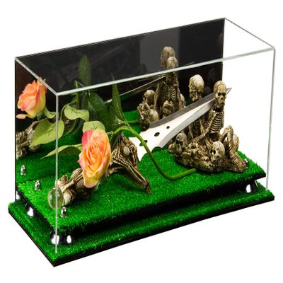 Better Display Cases Versatile Clear Acrylic Trucks, Trains and Rockets Display Case - Large Rectangle Box with Mirror Case, Silver Risers and Turf Base 17" x 6" x 7" (A019/V46)