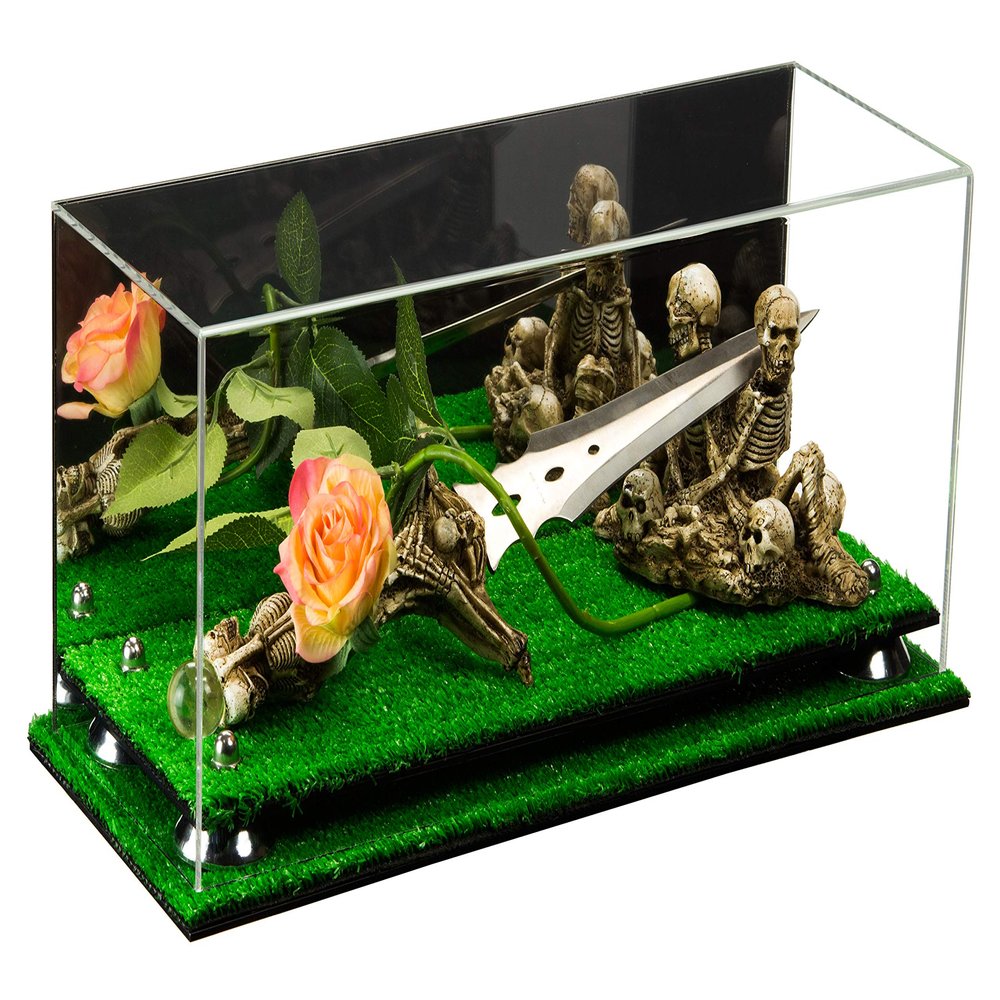 Better Display Cases Versatile Clear Acrylic Trucks, Trains and Rockets Display Case - Large Rectangle Box with Mirror Case, Silver Risers and Turf Base 17" x 6" x 7" (A019/V46)