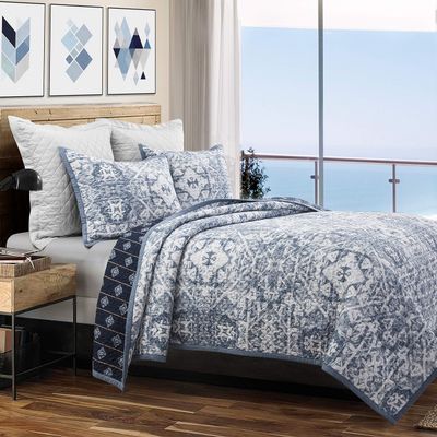HiEnd Accents Skyler 2 Piece Quilt Set with Pillow Shams, Twin Size, Cotton Reversible Luxury Bedding, Blue Medallion Striped Coastal Style Bed Set, 1 Quilt and 1 Pillowcase
