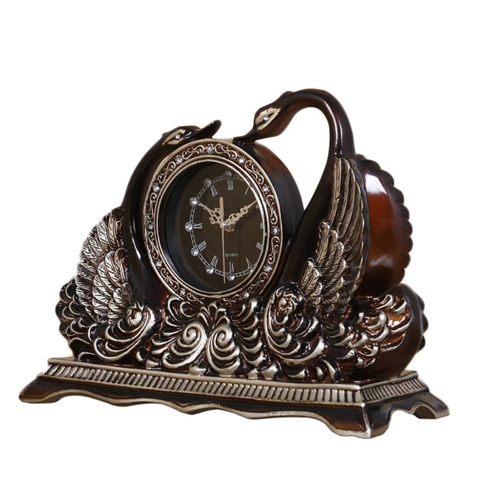 CLOCKZHJI Retro Mantel/Mantle Rhythm Quartz Clock swan Living Room Desk Shelf Clocks Decoration (Color : Ancient Silver)