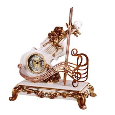 CLOCKZHJI Retro Creative Mantel/Mantle Clock Rhythm Resin Violin Desk Clocks Decoration (Color : Light Yellow)