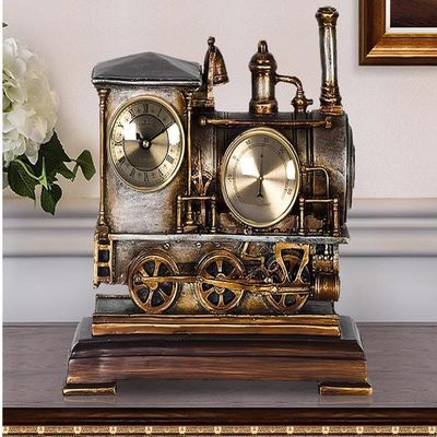 CLOCKZHJI Retro Creative Mantel/Mantle Clock with Thermometer Rhythm Resin Train Desk Clocks Decoration (Color : Gray)