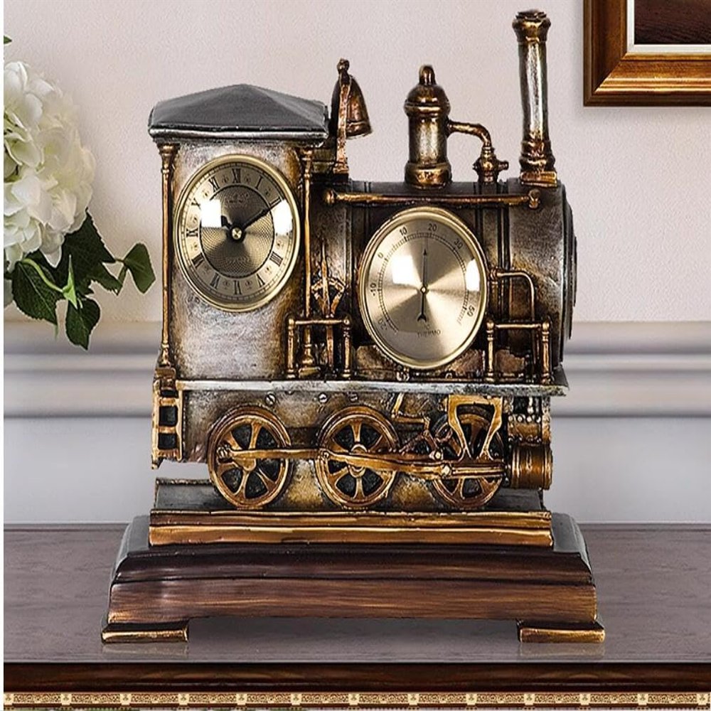 CLOCKZHJI Retro Creative Mantel/Mantle Clock with Thermometer Rhythm Resin Train Desk Clocks Decoration (Color : Gray)