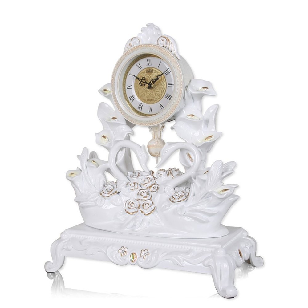 CLOCKZHJI European Retro Mantel/Mantle Rhythm Quartz Clock swan Living Room Desk Shelf Clocks Decoration (Color : White)