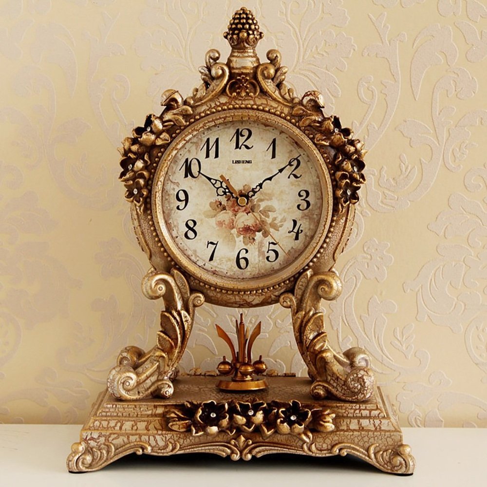 CLOCKZHJI European Retro Mute Desktop Clock Living Room Bedroom Clock Creative Clock Home Clocks (Color : Brown)