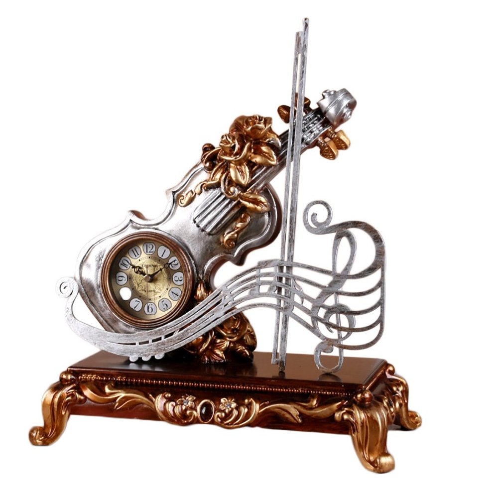 CLOCKZHJI Retro Creative Mantel/Mantle Clock Rhythm Resin Violin Desk Clocks Decoration (Color : Light Grey)