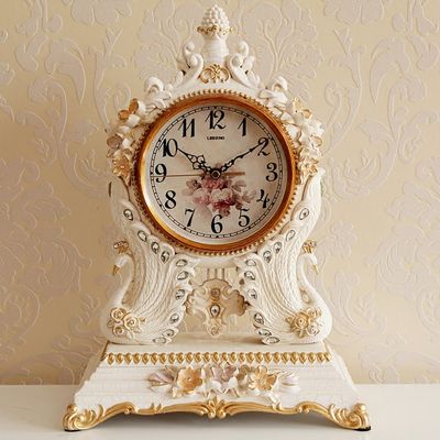 CLOCKZHJI European Retro Mute Desktop Clock Living Room Bedroom Clock Creative Clock Home Clocks (Color : Beige)