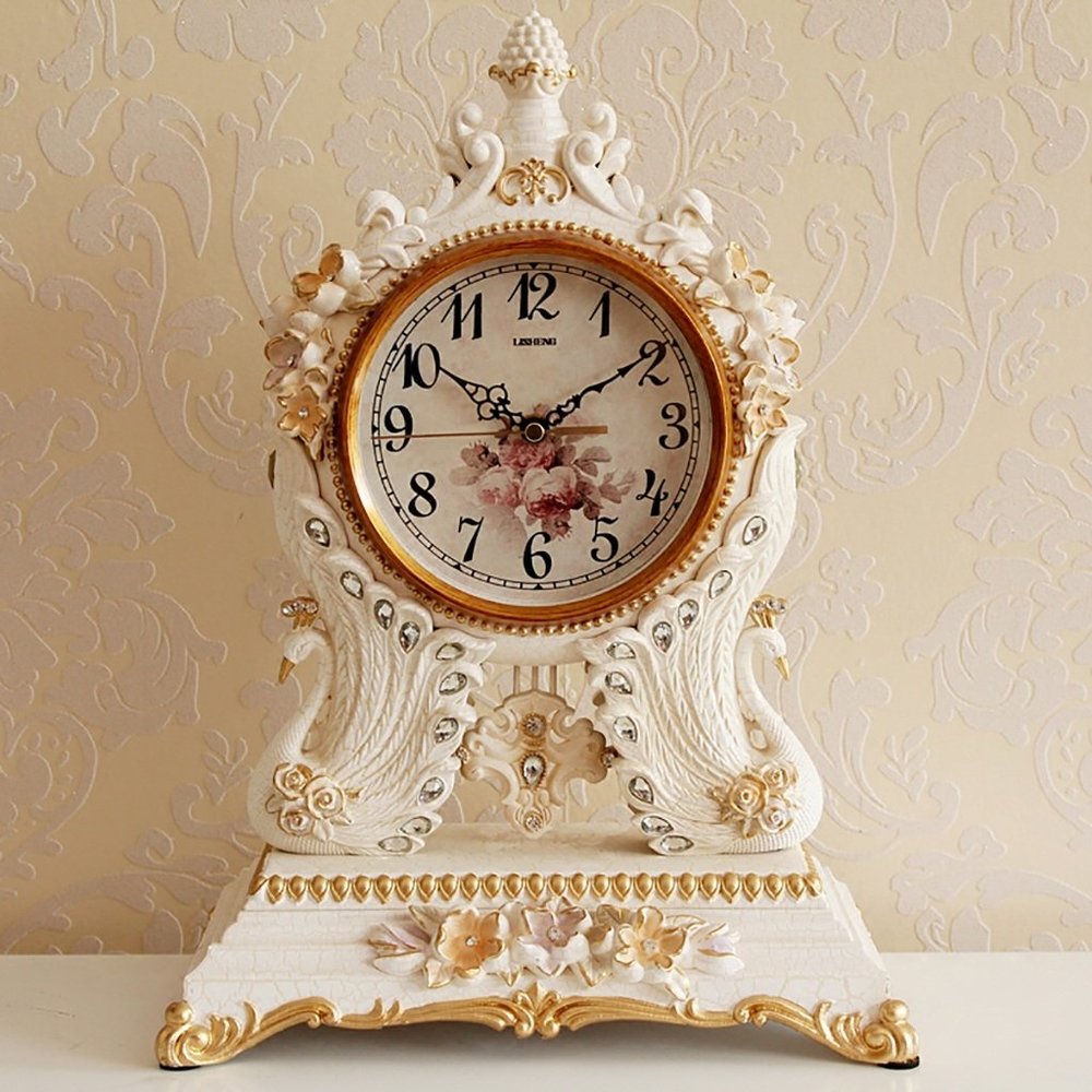 CLOCKZHJI European Retro Mute Desktop Clock Living Room Bedroom Clock Creative Clock Home Clocks (Color : Beige)