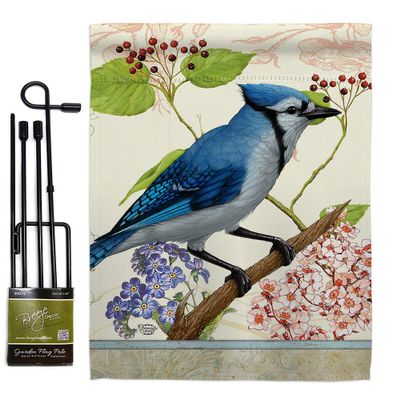 Blue Jay Floral Garden Flag Set with Stand Animals Bird Flamingo Hummingbird Cardinal Peacock Springtime Natural Wildlife Small Decorative Gift Yard House Banner Double-Sided Made In USA 13 X 18.5