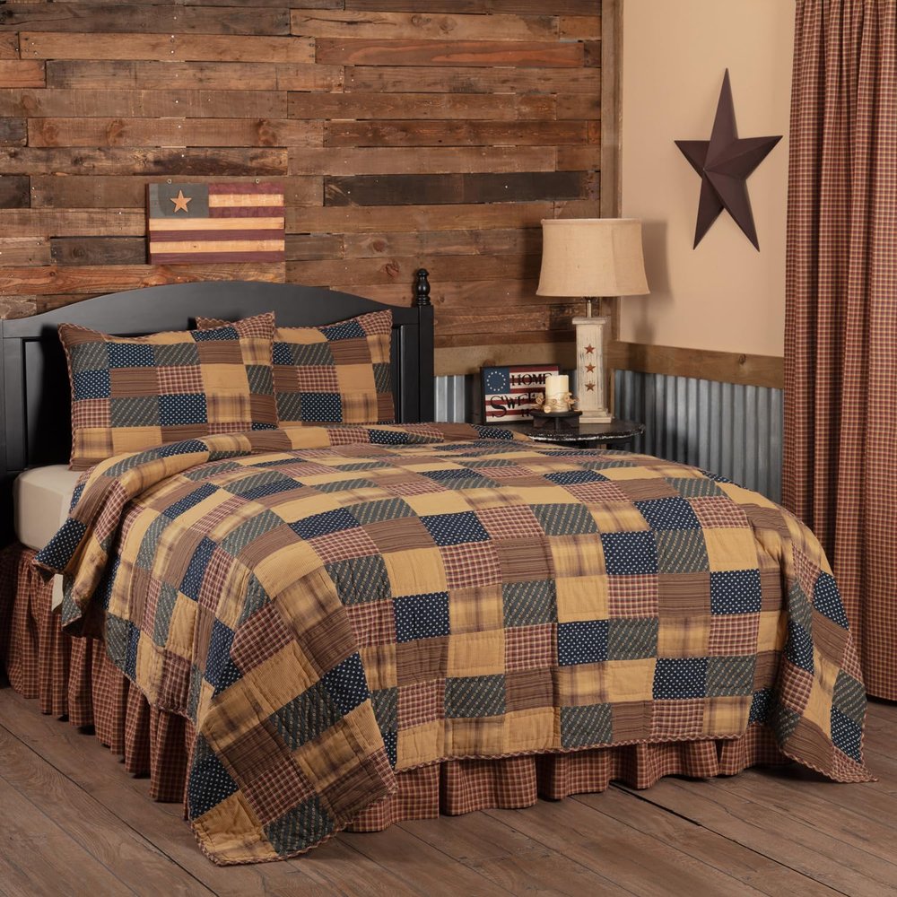 VHC Brands Patriotic Patch 3 Piece California King Quilt Set Country Patchwork Design, Deep Red and Navy