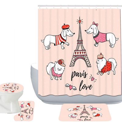 Amagical Paris Eiffel Tower French Decor Paris Tower Love and Cute Dogs Pattern 16 Piece Bathroom Mat Set Shower Curtain Set Non Slip Bath Mat Contour Mat Toilet Cover and Shower Curtain with 12 Hook