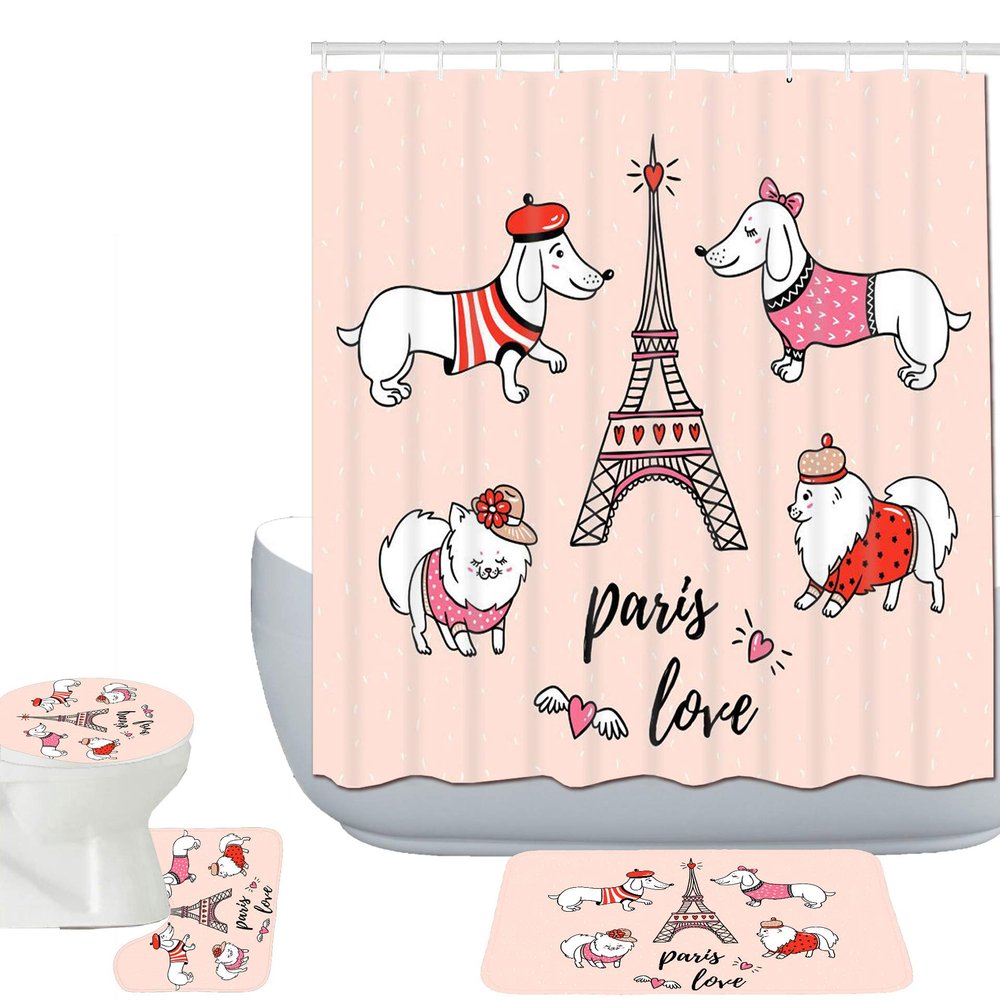 Amagical Paris Eiffel Tower French Decor Paris Tower Love and Cute Dogs Pattern 16 Piece Bathroom Mat Set Shower Curtain Set Non Slip Bath Mat Contour Mat Toilet Cover and Shower Curtain with 12 Hook