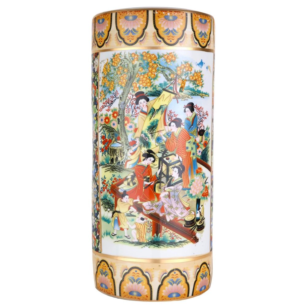 ORIENTAL Furniture Warehouse 18" Satsuma Style Painted Porcelain Umbrella Stand
