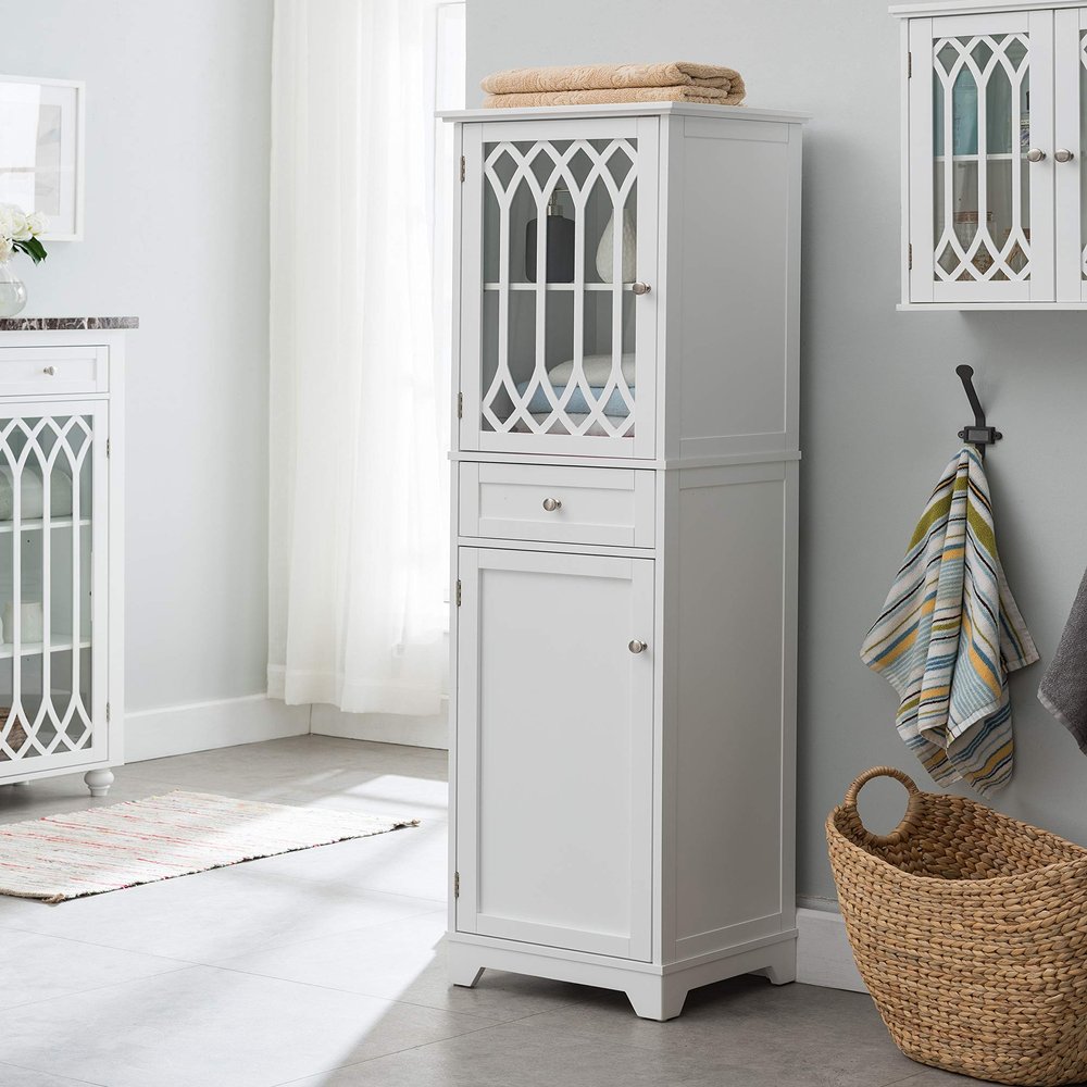 Kings Brand Furniture - Tall Bathroom Storage Cabinet with 2 Doors & 1 Drawer, Freestanding Floor Linen Cabinet for Bathroom, Living Room, Kitchen, White