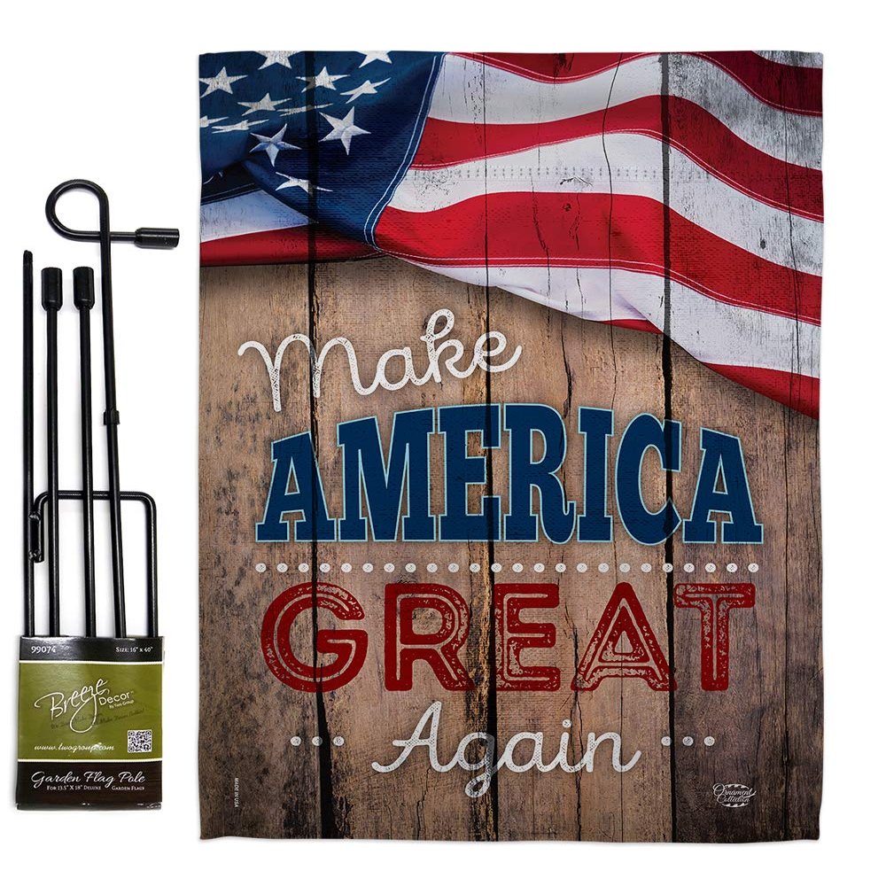 Proud to Make America Great Again Garden Flag Set with Stand Americana Star and Stripes Patriotism Independence Memorial United State American Small Gift Yard House Banner 13 X 18.5