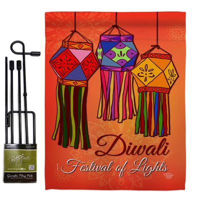 Festival Of Lights Garden Flag Set with Stand Celebration Diwali Deepavali Hindus Religious Small Decorative Gift Yard House Banner Made In USA 13 X 18.5